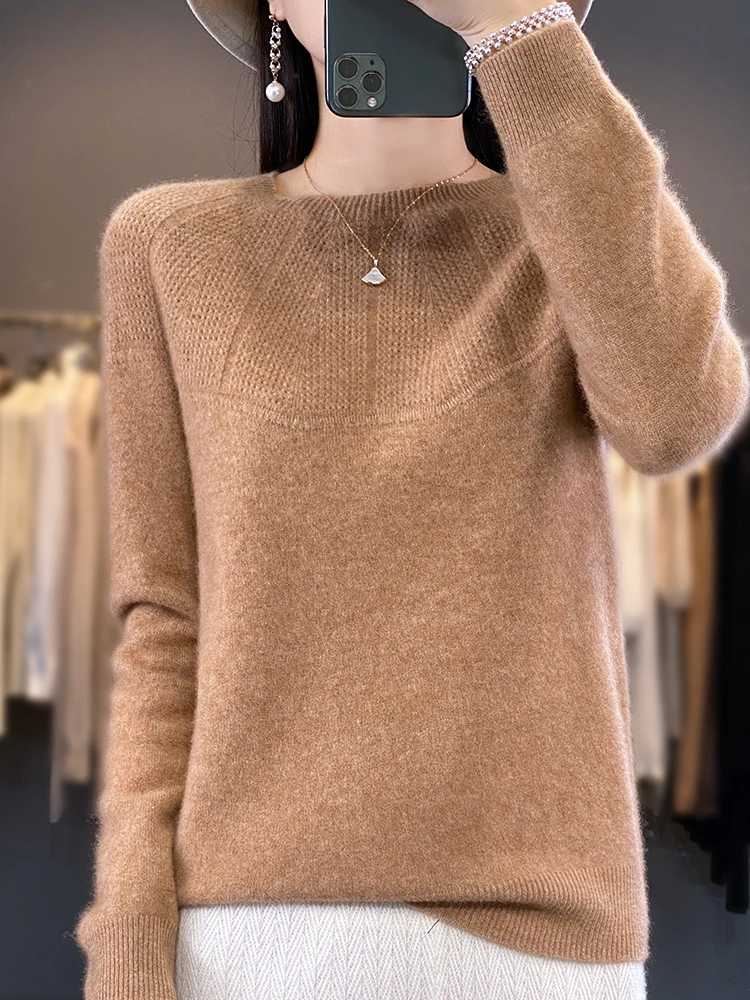 (一线成衣）秋冬新款镂空毛衣时尚圆领宽松针织衫长袖女套头打底衫