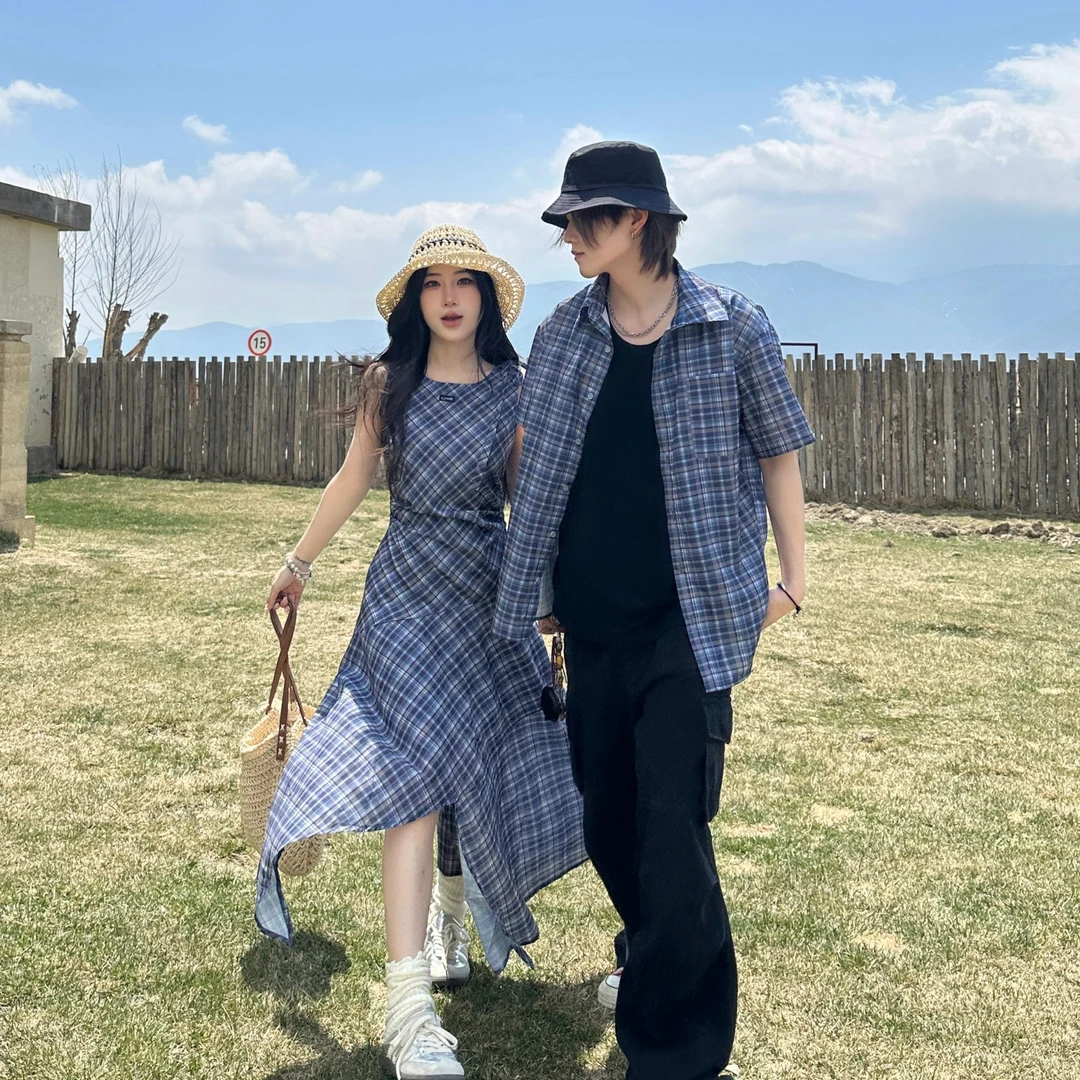 情侣装夏季时尚格子设计感不规则修身女连衣裙男短袖衬衫一裙一衣