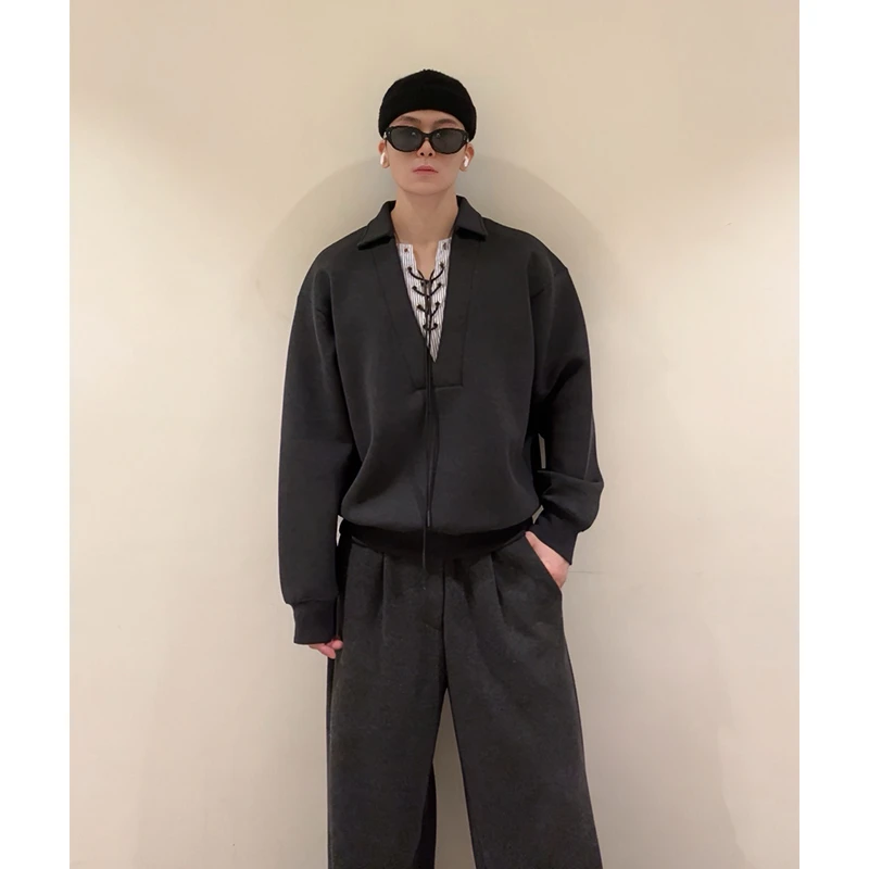 MBH | Drawstring抓绒假两件鞋带设计感美式复古卫衣翻领抽绳上衣