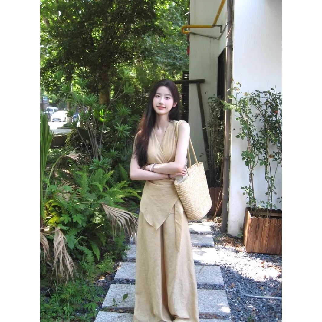 2025夏季新款卡其色气质绑带v领无袖背心垂感休闲阔腿裤套装女潮
