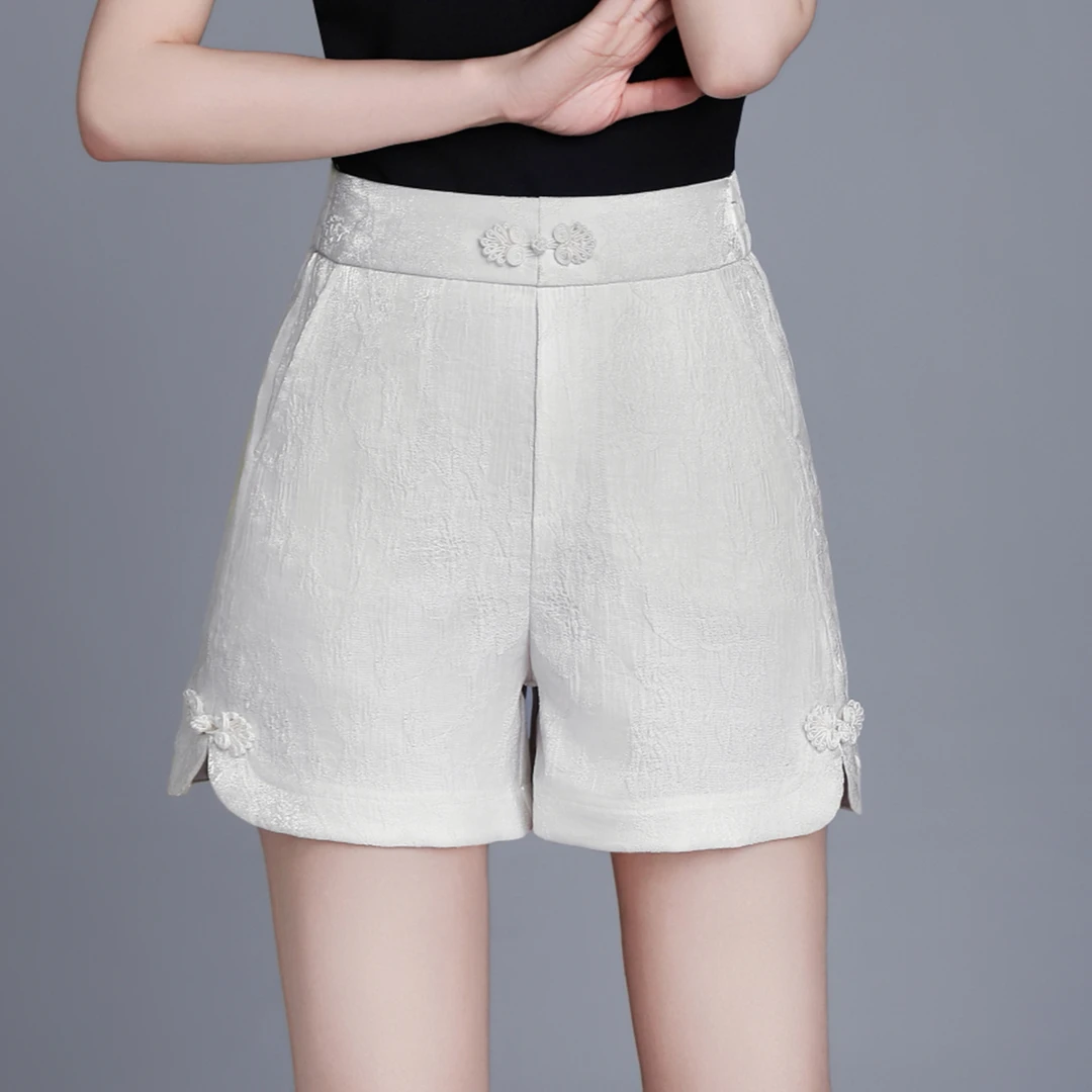 时尚外穿女国风复古短裤子2025夏新款提花冰丝阔腿裤A字休闲热裤