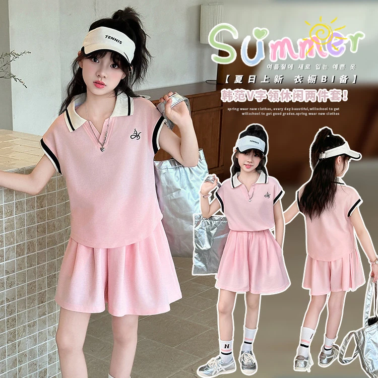 女童polo衫套装夏季2025新款儿童休闲运动短袖洋气短裤两件套潮流