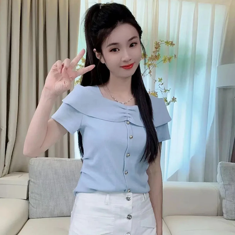 高含棉一字肩短袖t恤女2026夏季新款小个子时尚洋气显瘦百搭上衣