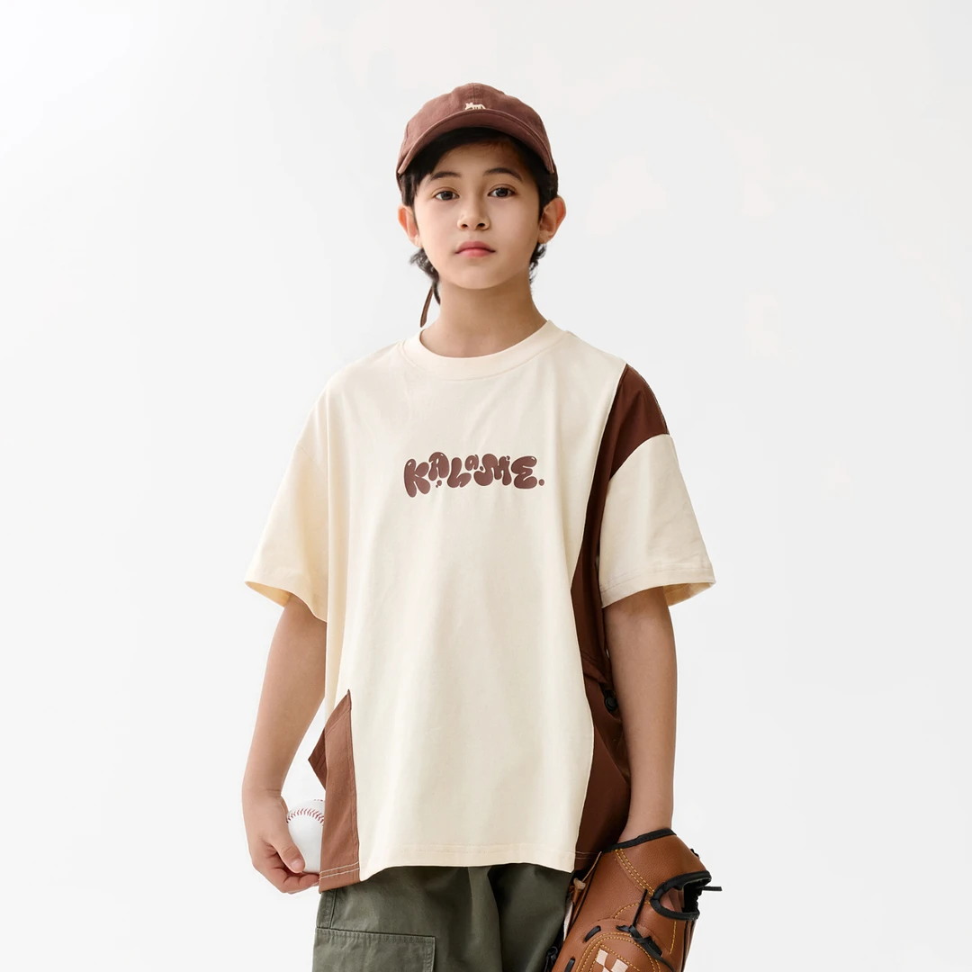 KALAM1LE【撞色拼接】儿童夏季宽松百搭拼接撞色纯棉T恤短袖X2226