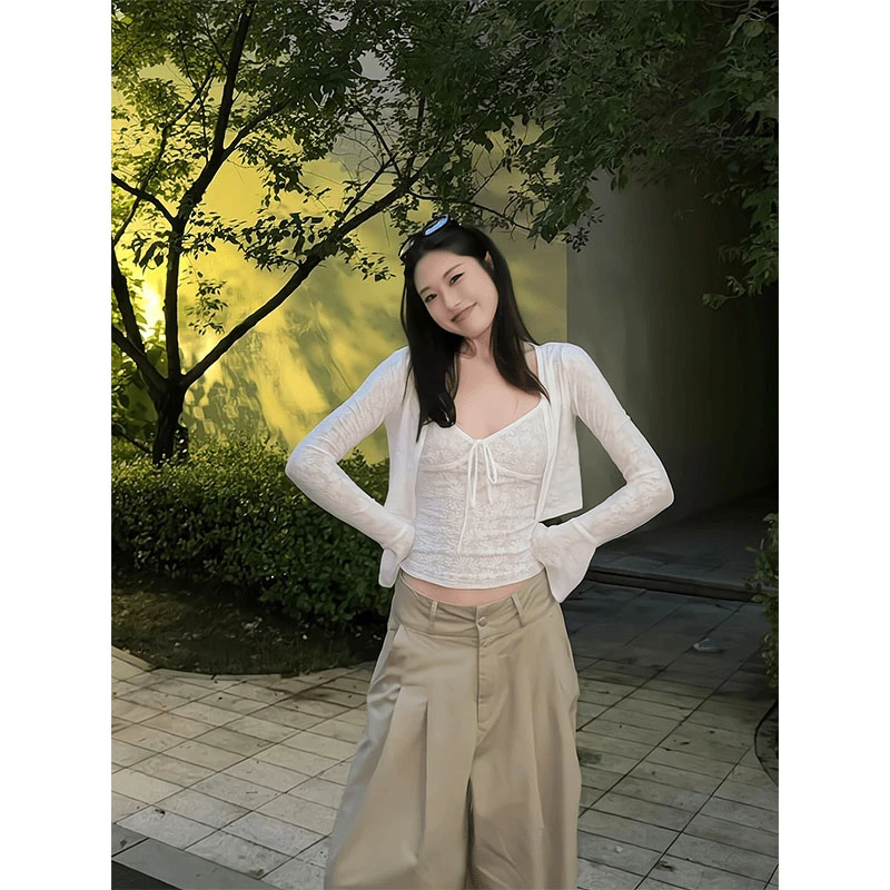 2025新款女士夏季纯欲风提花蕾丝吊带修身显瘦开衫高腰宽松阔腿裤