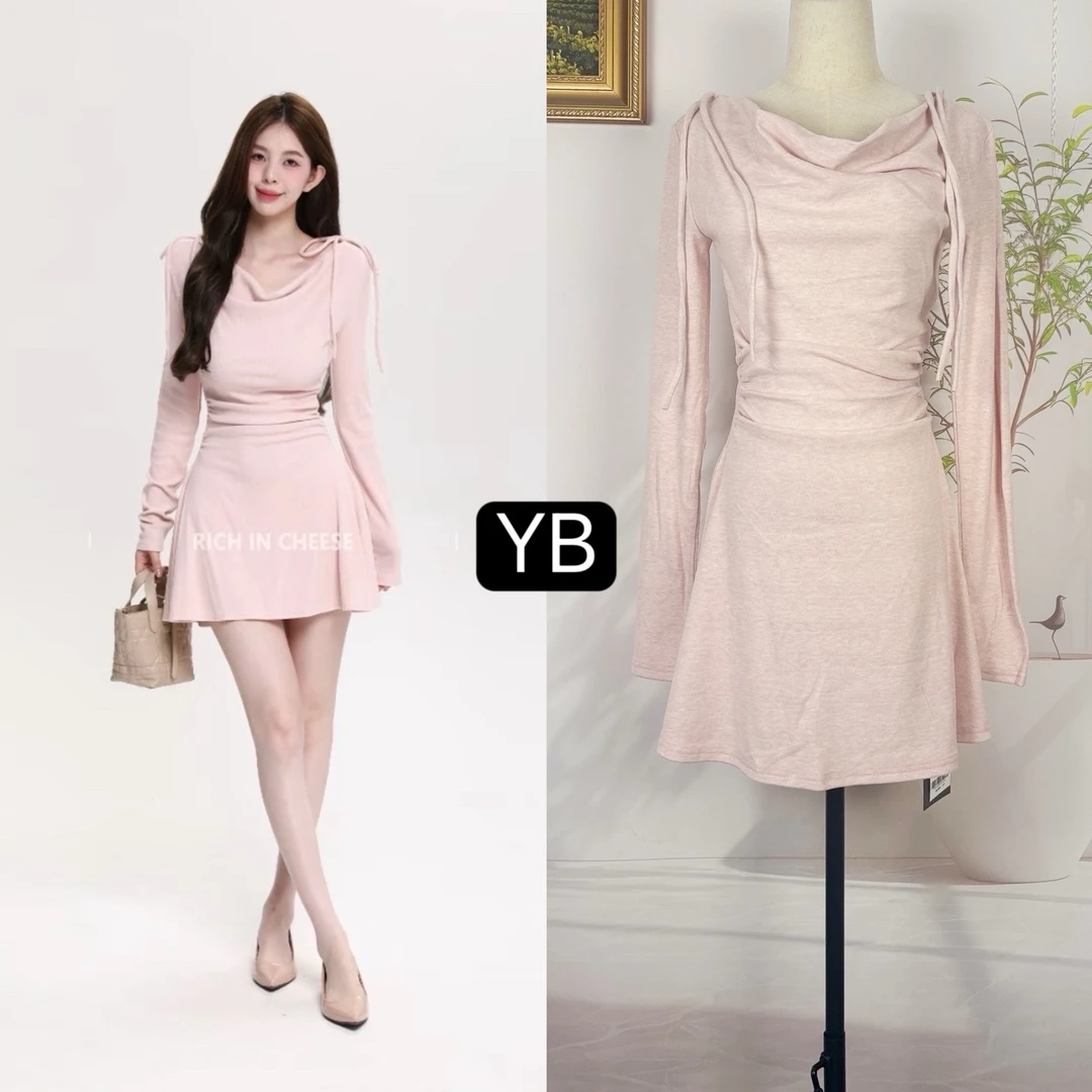 舒胡蕾 秋日韩味一裙三穿 蝴蝶结荡领三穿抽褶弹力针织连衣裙