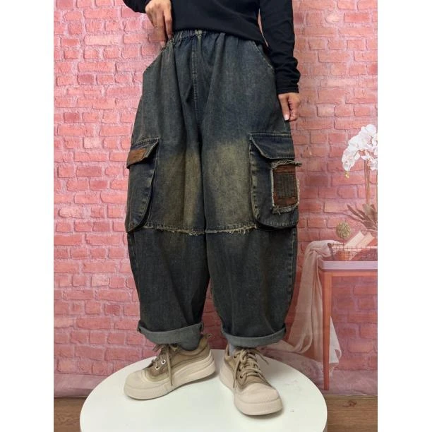 266大口袋牛仔贴布宽松春夏季牛仔女裤