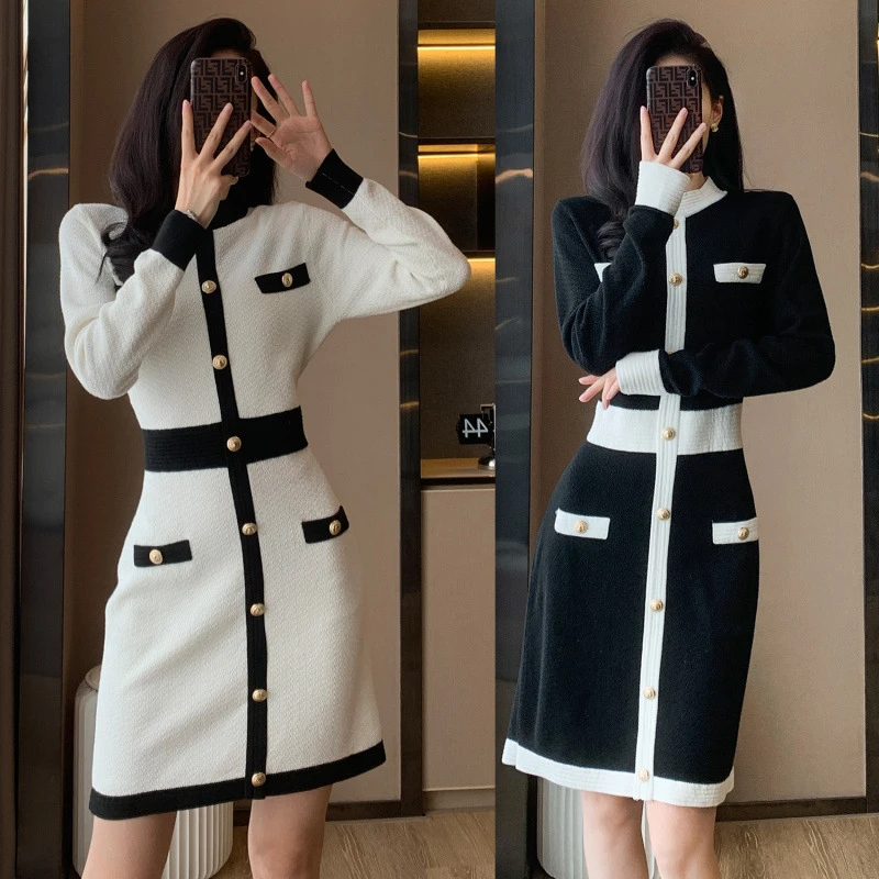 常规7189小香风气质炸街拼色针织裙春季新款轻奢高级感显瘦内搭连