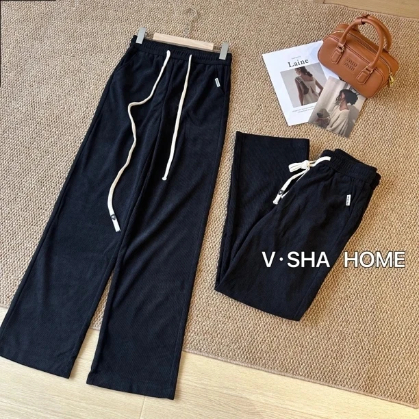 薇莎8167【现货】韩版百搭显瘦松紧腰螺纹直筒阔腿休闲裤女