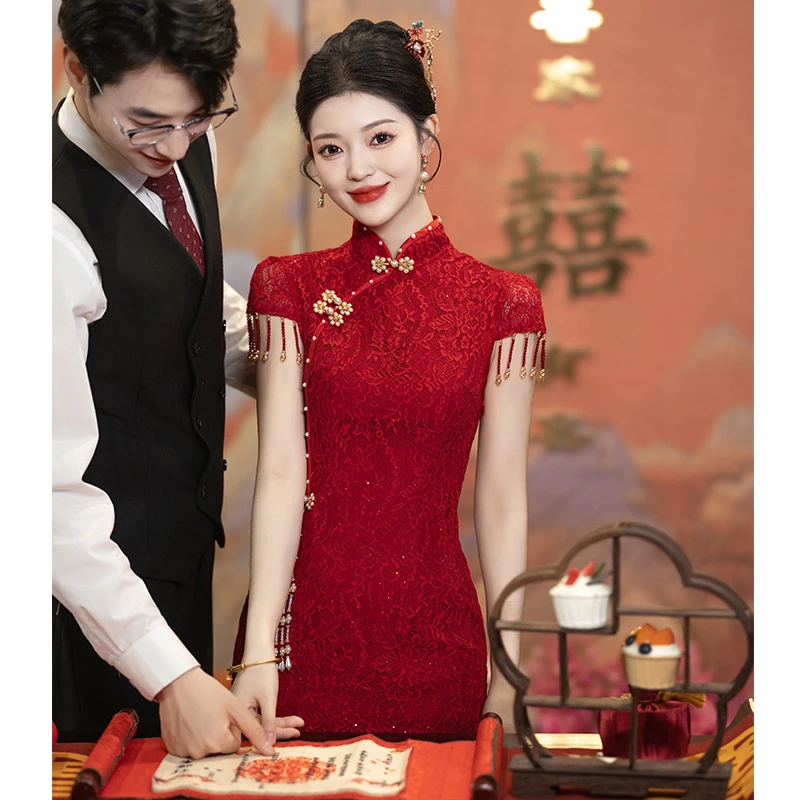 春夏新款红色旗袍敬酒服新娘订婚礼服夏季连衣裙中式蕾丝回门旗袍