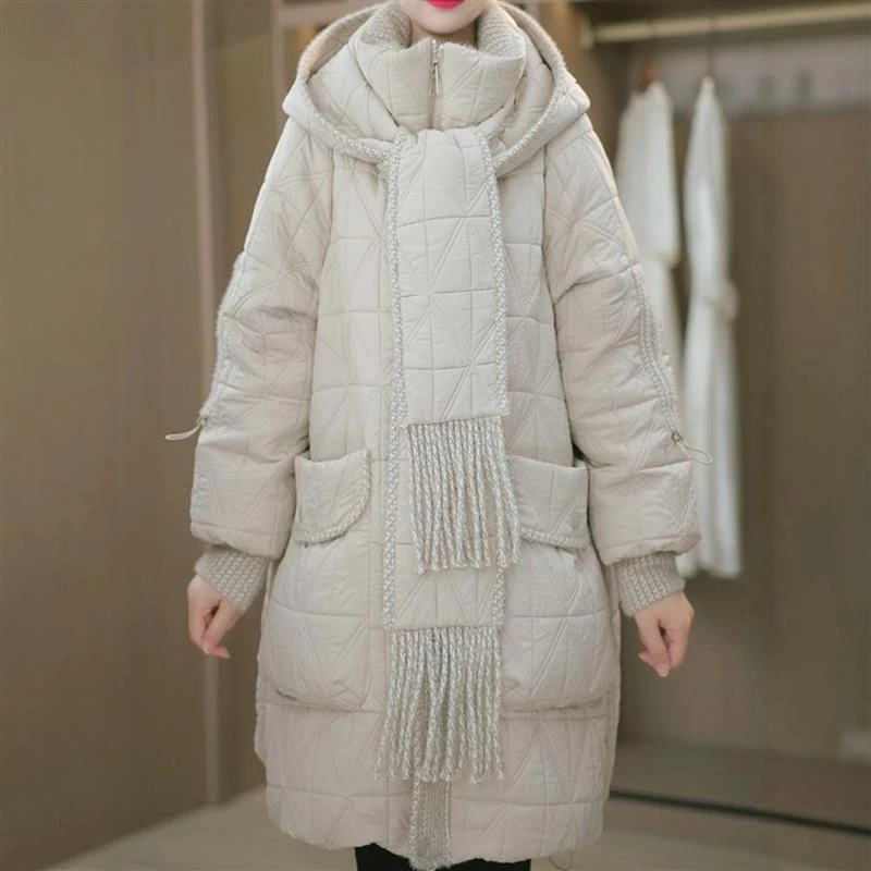 中长款棉服女款冬季新款可拆卸围巾连帽X气质妈妈装简约百搭外套