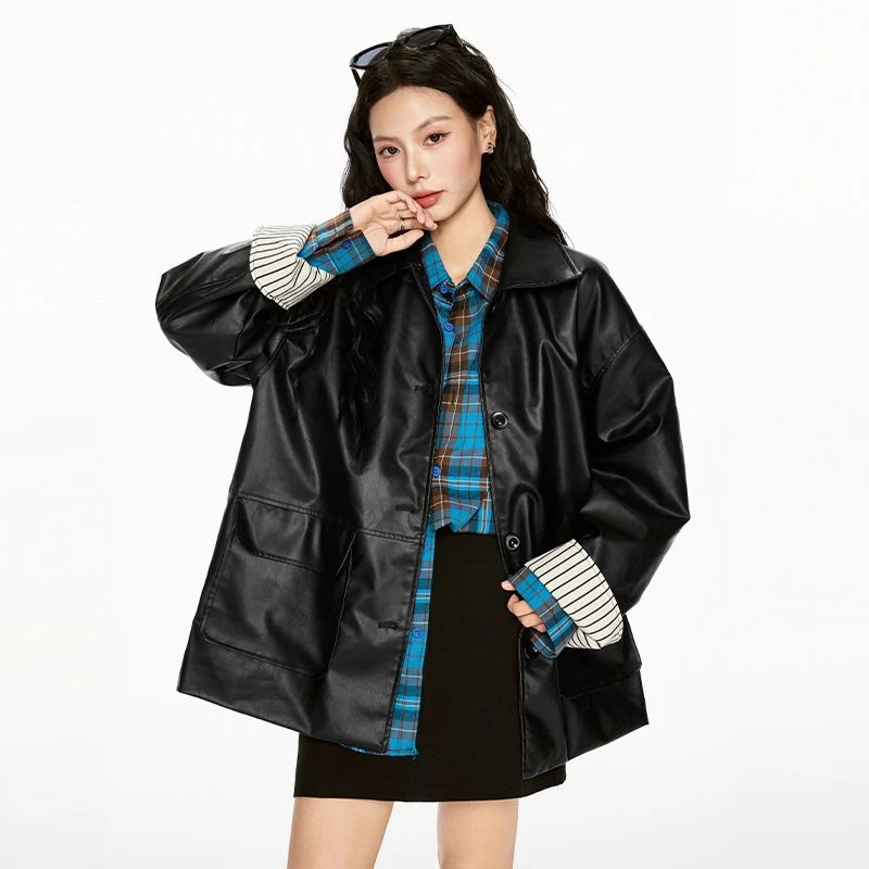韩版宽松型防风皮外套秋冬ins设计感运动百搭立领秋季春季外套