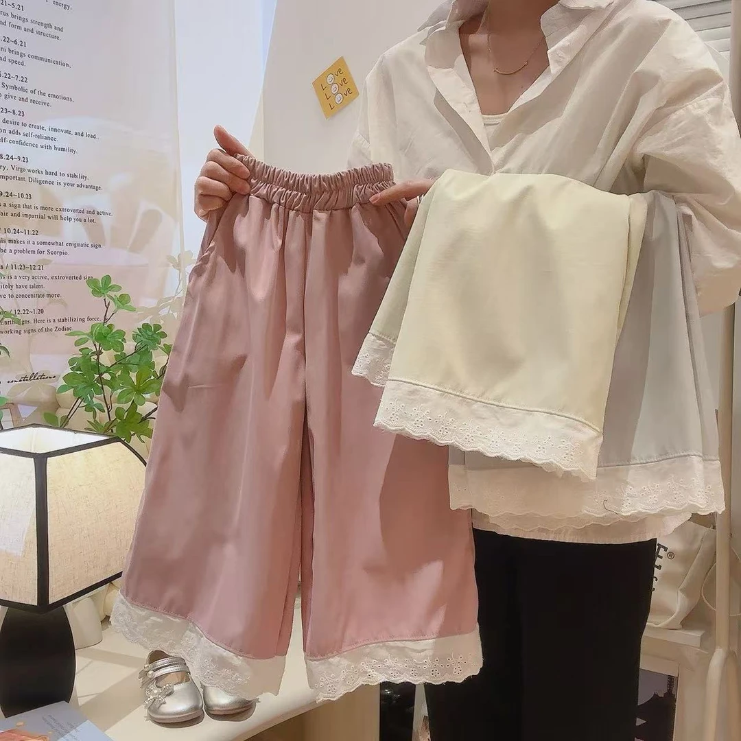 【亲子款】女童夏季薄款裤子女大童韩版洋气阔腿花边裤
