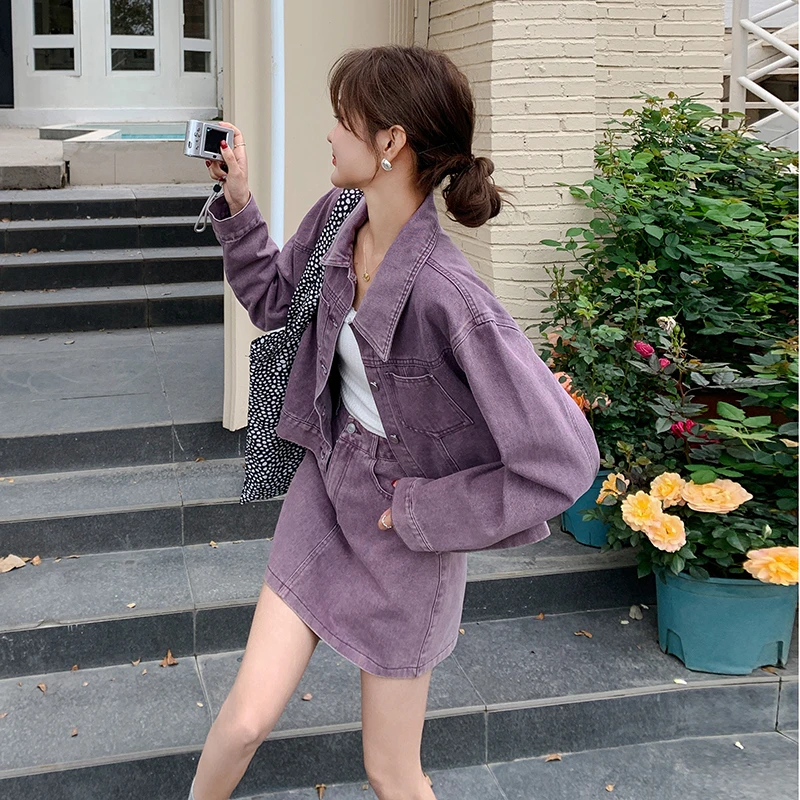 天才少女风开春一整套紫色牛仔外套半身裙两件套超好看千金套装潮