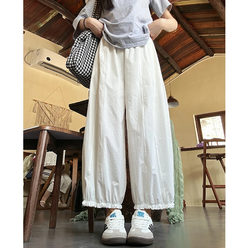 白色八分花苞阔腿灯笼裤女2025夏季新款高腰宽松小个子休闲气球裤