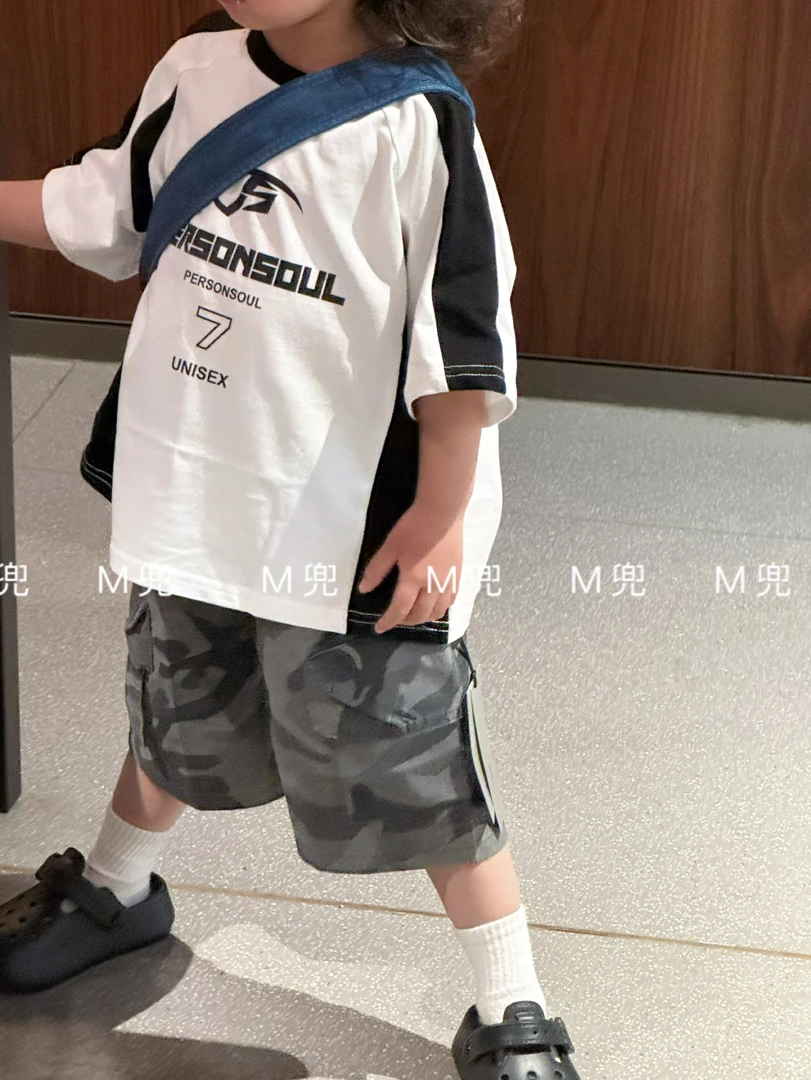2025夏季美式户外迷彩中裤儿童大口袋五分裤男女同款滑板工装裤