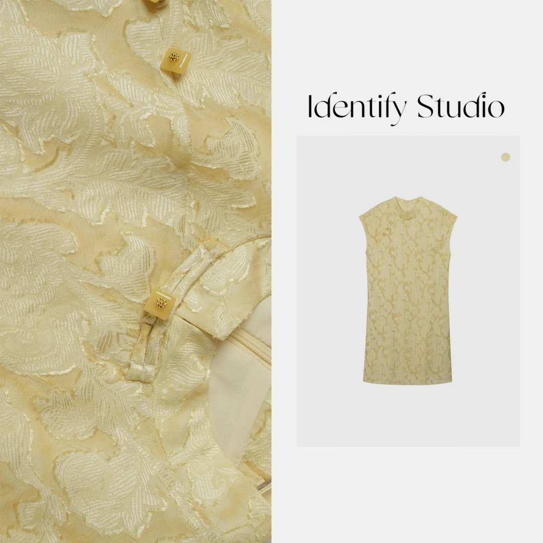 IDENTIFY“半夏芝士-短裙”夏季新款盘扣立体剪花人丝连衣裙25SS