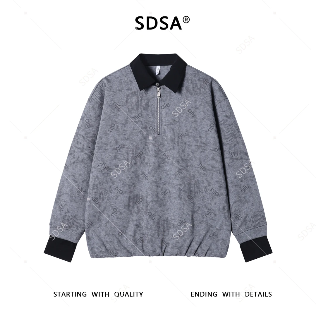 SDSA秋冬新款痞帅男装美式印花字母拼接半拉链翻领假两件卫衣百搭