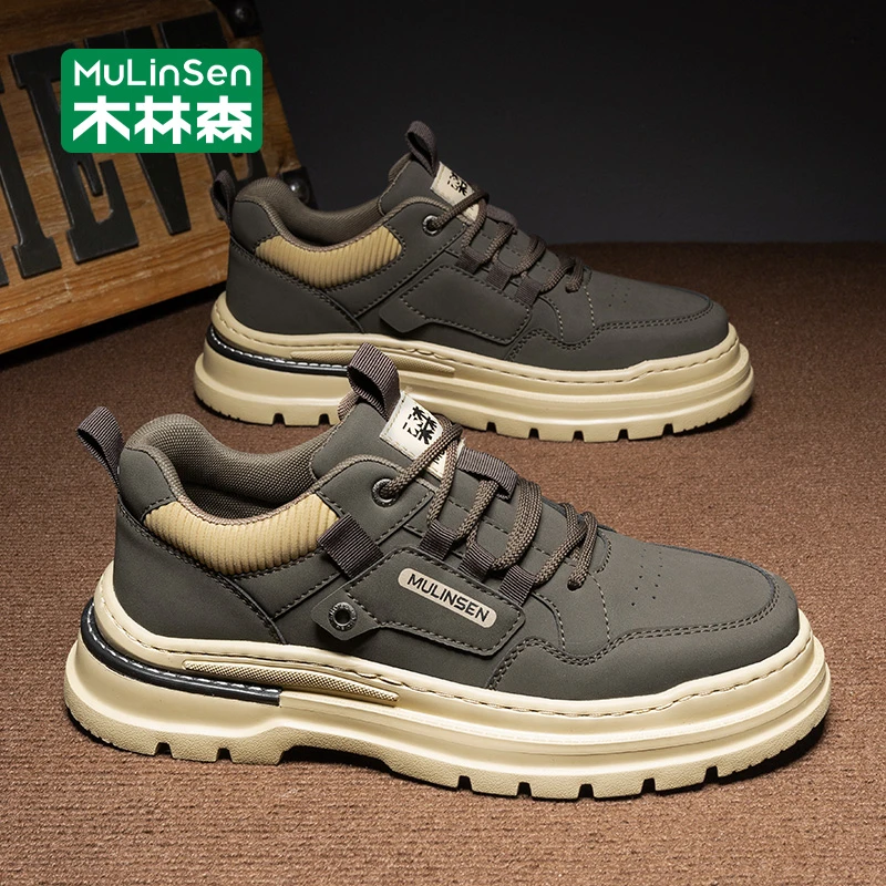 木林森男鞋2025新款秋季工作休闲板鞋男运动低帮厚底工装马丁潮鞋