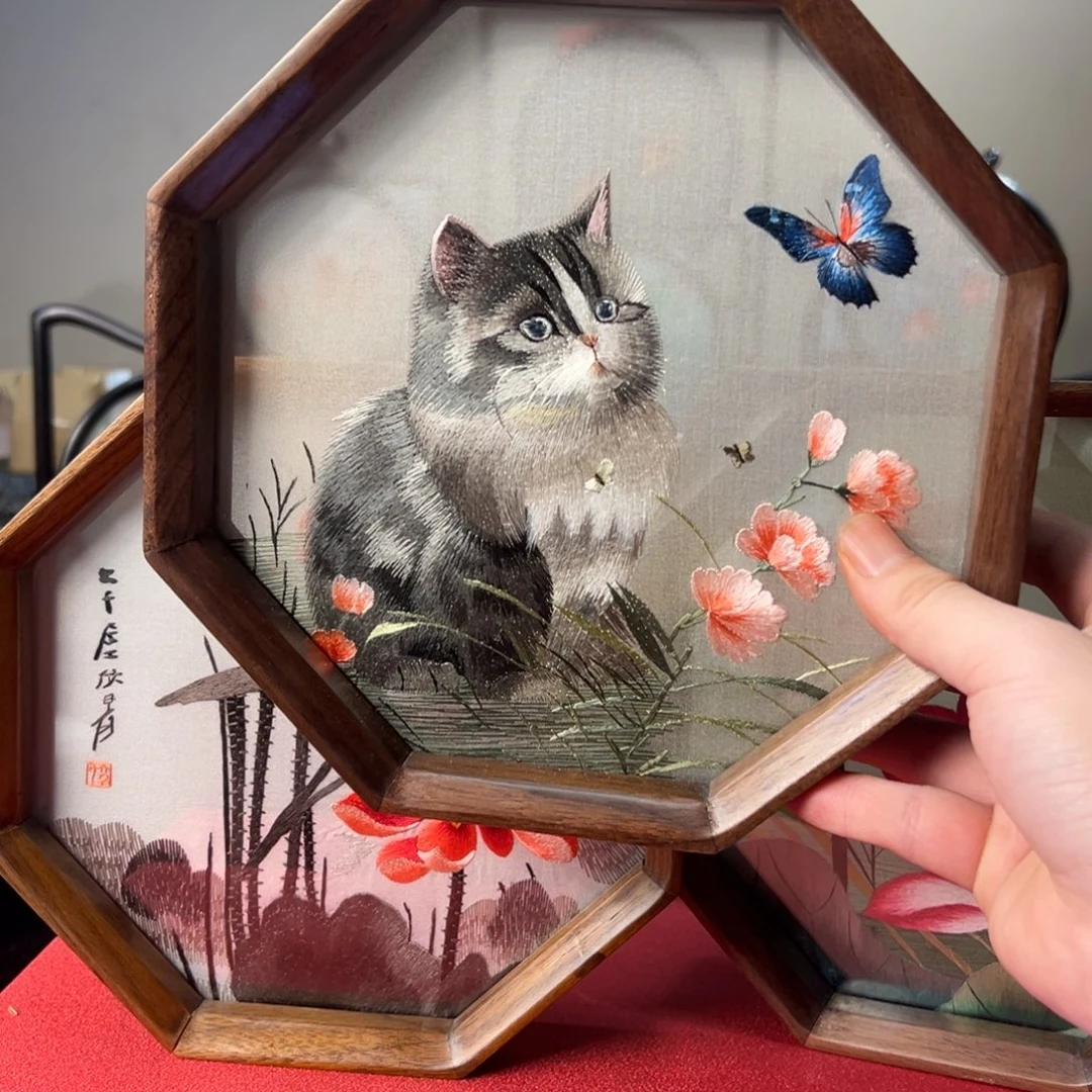 刺绣纯手工刺绣双面绣实木摆件