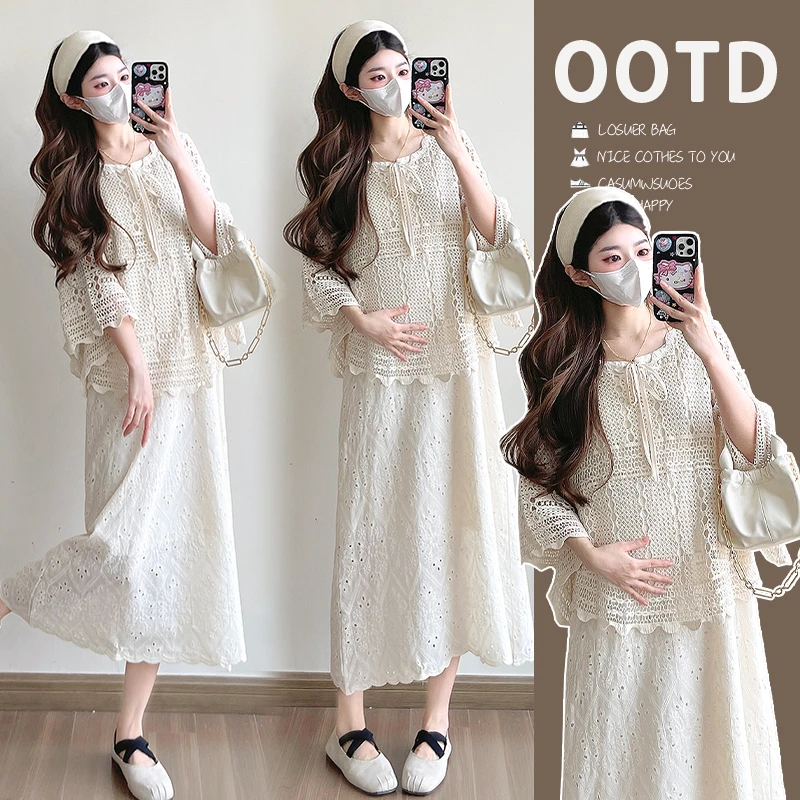 2025春夏新款孕妈纯棉蕾丝宽松背心裙针织勾花罩衫慵懒气质孕妇装