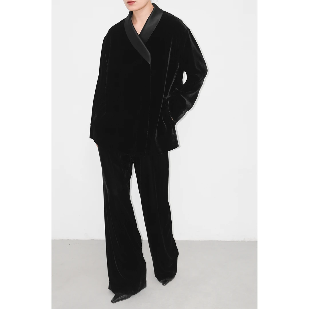 JUZININE原创设计真丝绒西装中式拼接领桑蚕丝极简宽松休闲外套