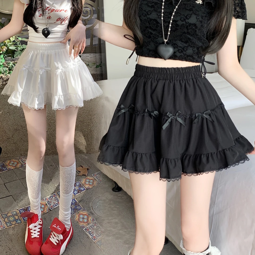 黑色蝴蝶结半身裙2025春夏高腰显瘦蕾丝花边蓬蓬蛋糕裙甜美短裙子