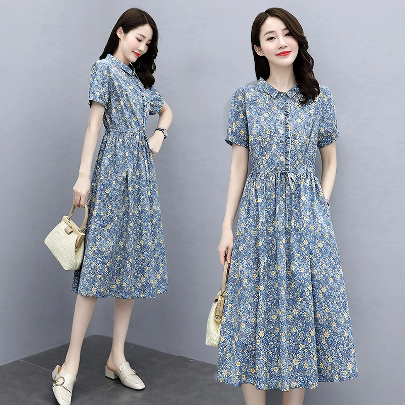 小碎花纯棉连衣裙女夏季2025新款小个子收腰修身显瘦气质衬衫裙子