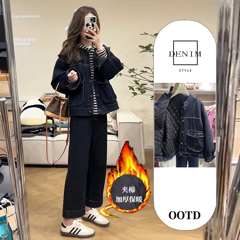 美式复古设计感夹棉牛仔外套棉服女秋冬季加厚保暖棉衣棉服短款夹