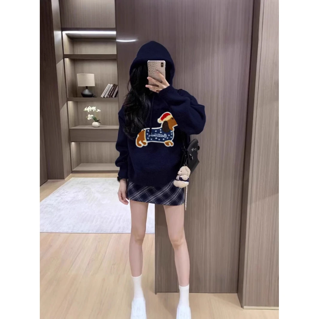 腊肠小狗绣花连帽卫衣女春秋季美式休闲宽松慵懒风小个子帽衫上衣