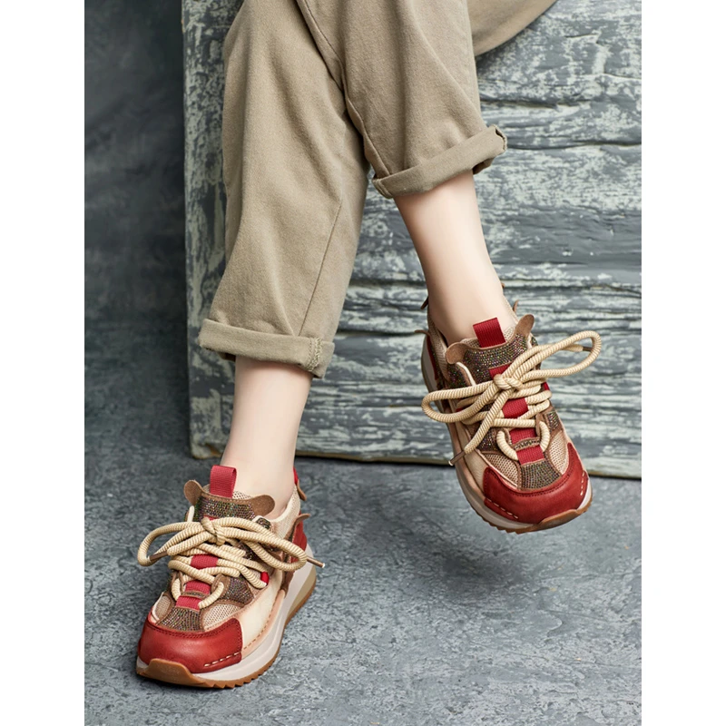 2025春季新款英伦风圆头拼色系带厚底坡跟单鞋轻便镶钻老爹鞋