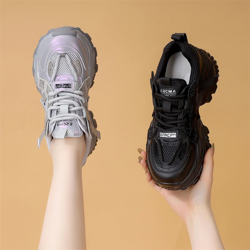 厚底网面透气超火老爹鞋女2025春夏新款增高系带显脚小休闲运动鞋
