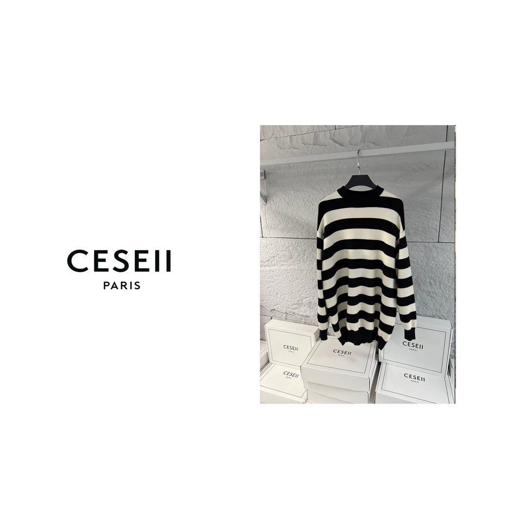 【25XJ668】CESEII秋冬必入高品质时尚黑白条纹宽松版针织套头衫