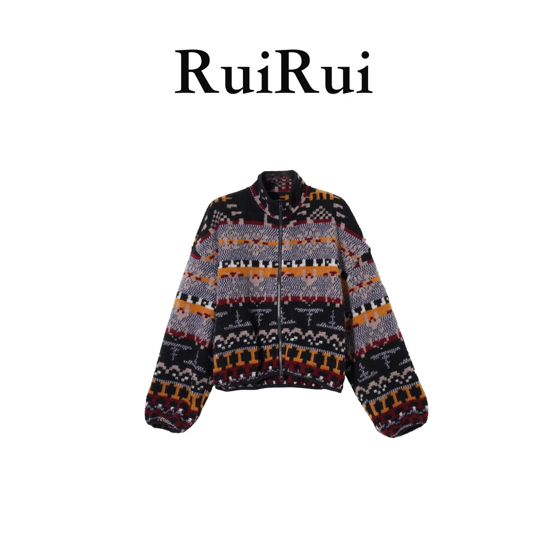 RUIRUI瑞几何图案短款连帽女士一件过冬秋冬复古针织上衣SY1279R