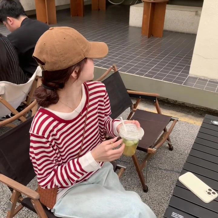 韩系高级撞色条纹园领针织衫女春秋内搭慵懒风宽松打底衫t恤上衣