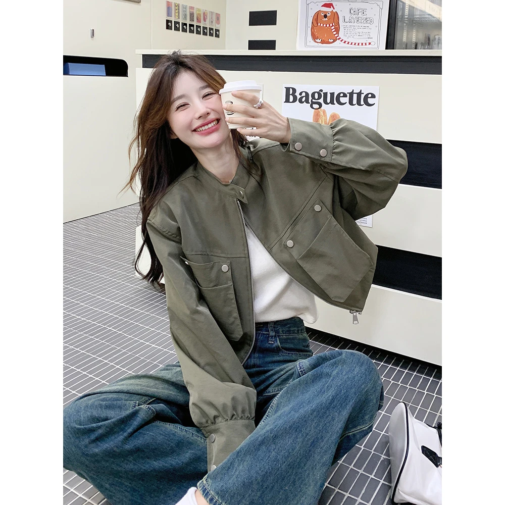 绿色短款工装外套女2025春秋新款韩系Chic独特设计感休闲夹克上衣