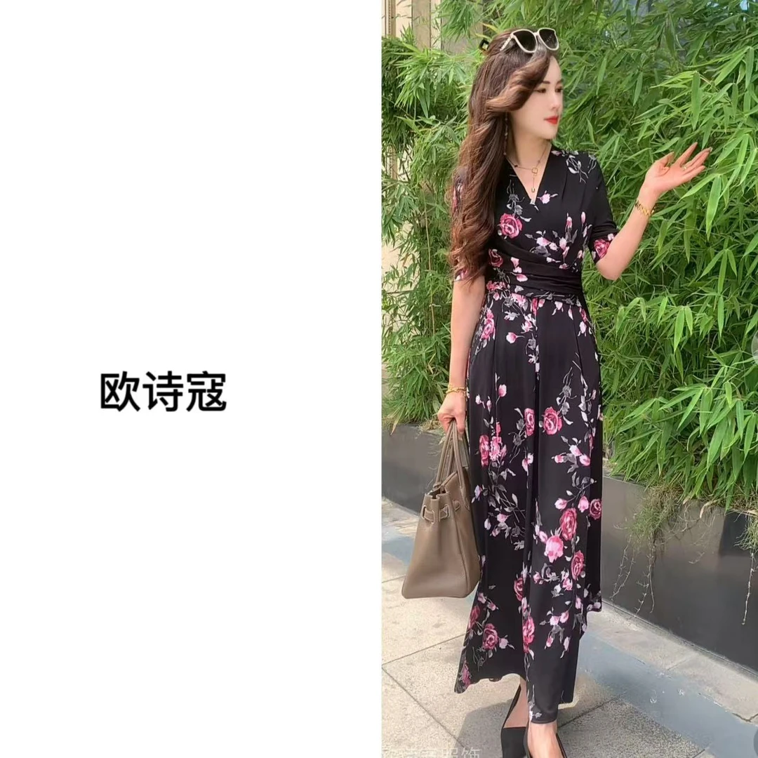 3390黑底玫瑰花夏季时尚长款气质连衣裙