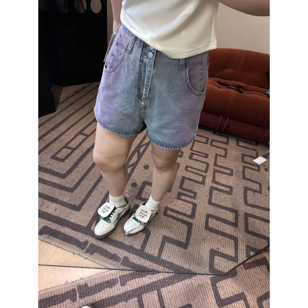 晶咕【水洗落日】休闲百搭夏季时尚蓝色高腰渐变水洗牛仔短裤