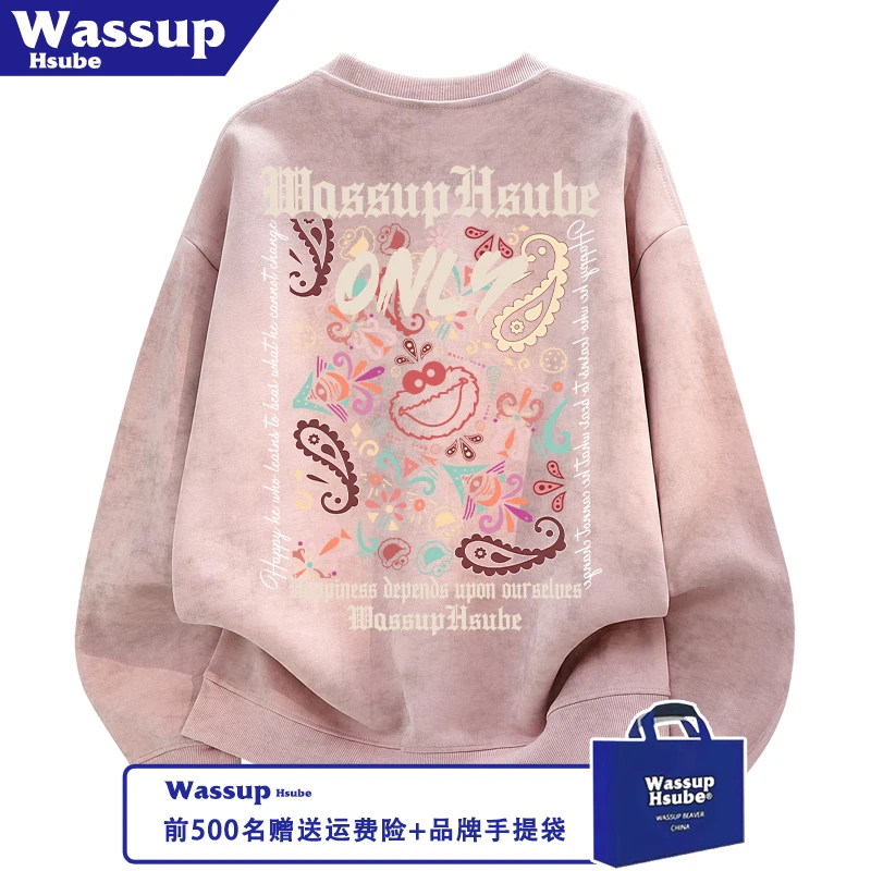 WASSUP HSUBE男女同款加绒粉色卫衣潮酷青蛙卡通印花秋冬蜡染上衣