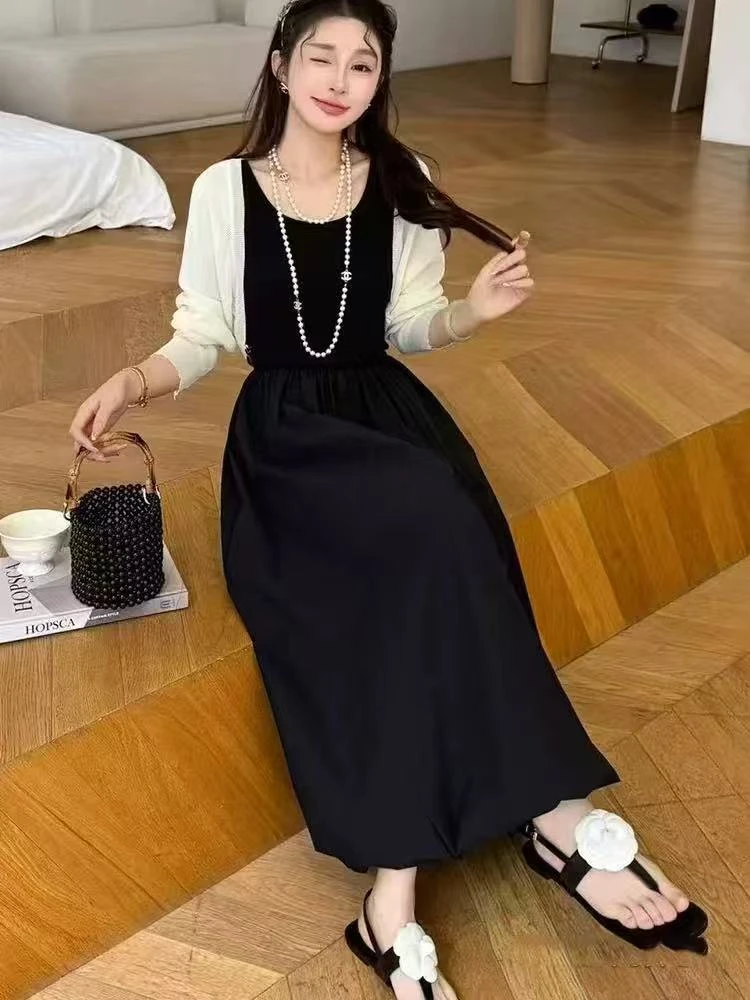 11173-1针织披肩防晒吊带背心连衣裙两件套女独特漂亮长裙