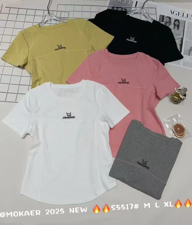 魔卡儿（七色）夏款刺绣猫短袖上衣5517