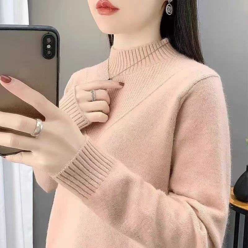 711【粉交叉半高领加厚毛衣】粉色高级感气质针织女毛衣