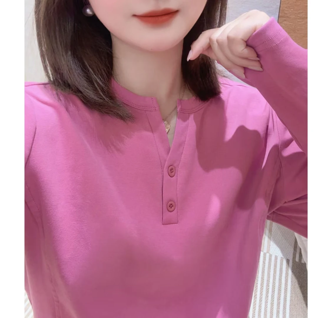 蜜豆midou秋季T恤V领女士简约休闲春秋宽松型长袖显瘦纯色体恤