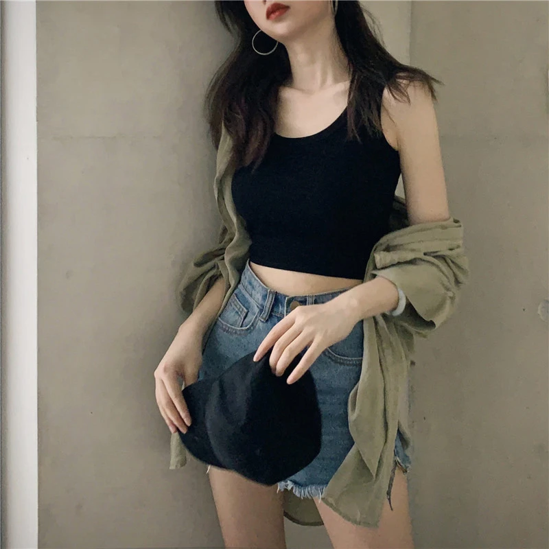 95棉背心女夏内搭短款露脐百搭小吊带工字打底无袖外穿带胸垫上衣