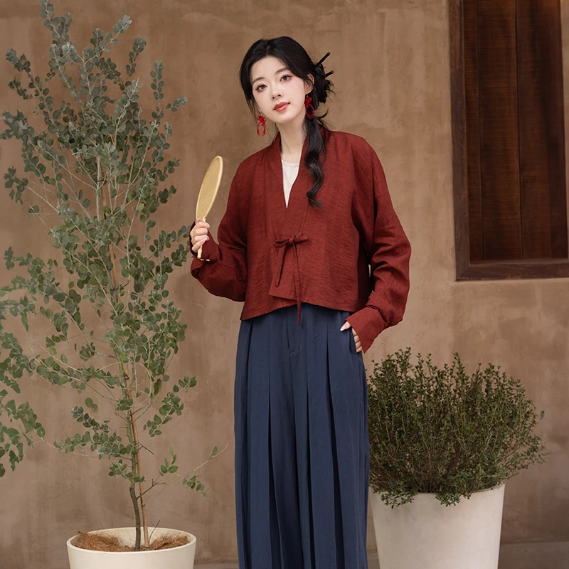 池夏【书卷:夕蓝】汉元素人棉对襟短衫改良灯笼裤原创汉服女 春夏