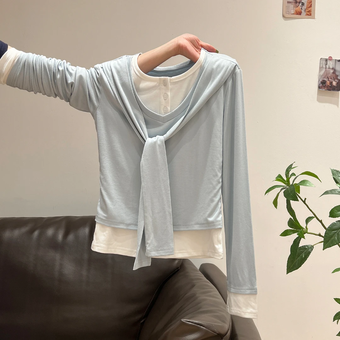 蓝色假两件披肩纽扣设计感长袖t恤女2025秋季新款高级感气质上衣