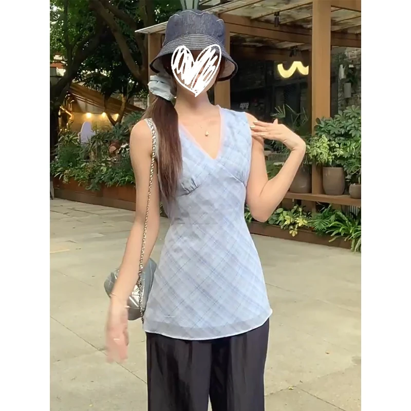 小清新格纹拼接v领无袖背心女设计感别致收腰显瘦气质上衣夏