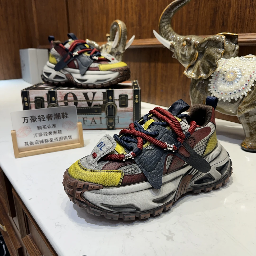 2025轻奢春季百搭网面休闲时尚老爹鞋男鞋潮流潮鞋复古做旧拼接款