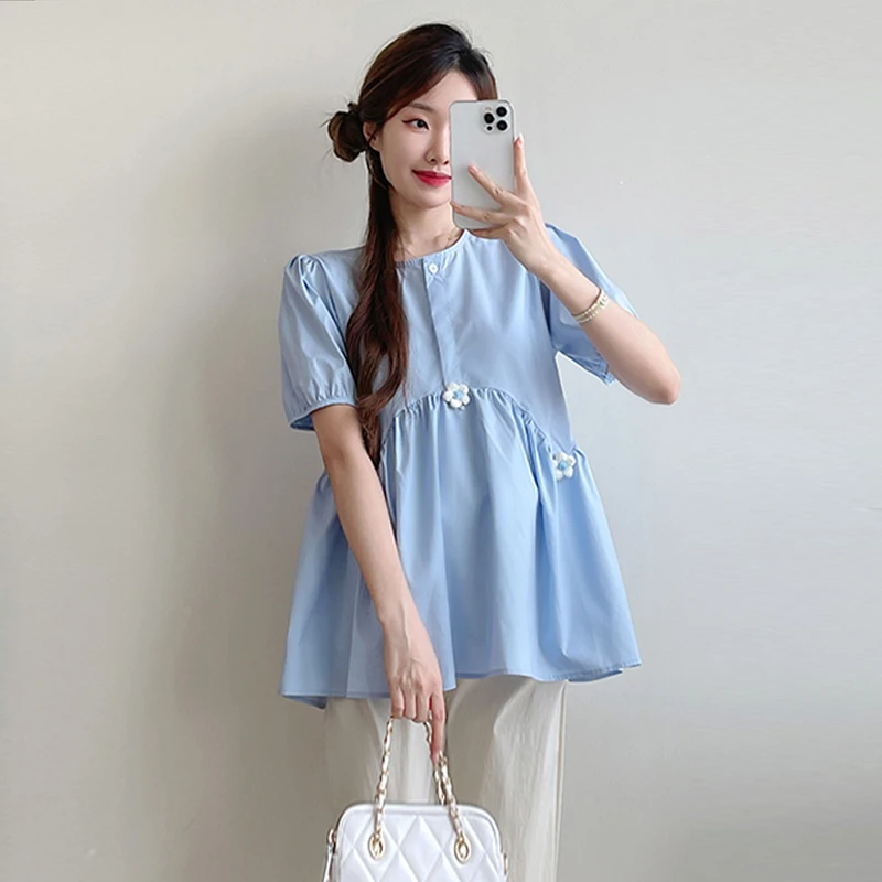 【伊伊】孕妇装2025新款上衣时尚韩版甜美减龄宽松花朵短袖娃娃衫