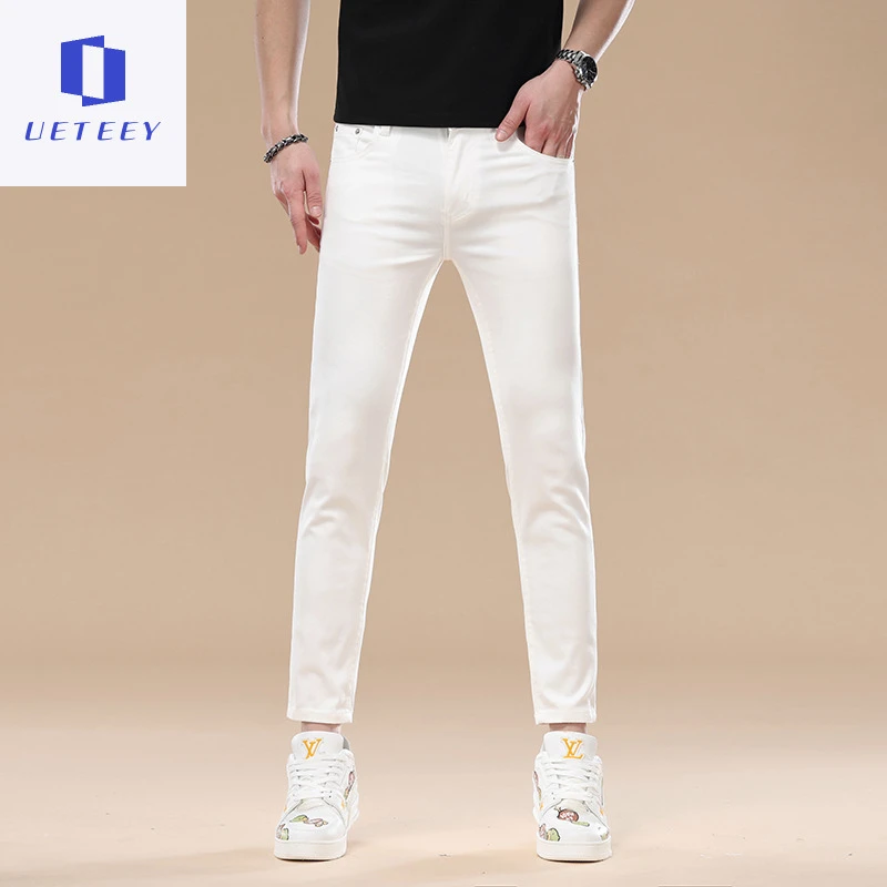 新款高端白色九分牛仔裤男夏季薄款弹力修身小脚男士夏季裤子薄款
